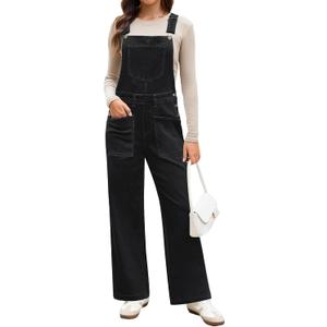 luvamia Jean Overalls for Women Loose Fit Baggy Wide Leg Bib Pocket Adjustable Straps Stretchy Denim Overall Jumpsuits (Small, Iconic Black)