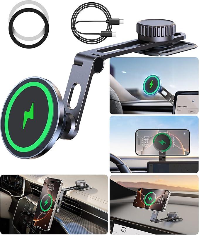 Fits MagSafe Car Mount for Universal Dashboard,Tesla Screen, Magnetic Phone Holder for Car, Foldable Aluminum Alloy Arm