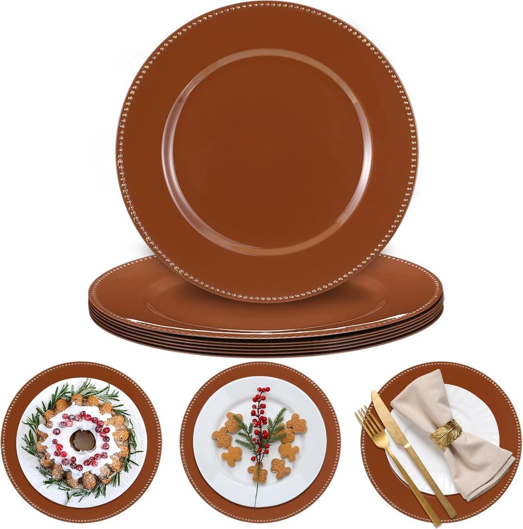 Bokon 6 Pack Christmas Charger Plates 13" Round with Beaded Plastic Charger Plates Elegant Reliable Reusable for Holiday Wedding Party Event Xmas Table Tabletop Dinner Decoration(Brown,Gingerbread)