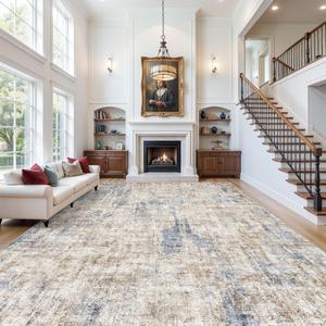 12x18 ft Extra Large Living Room Rug – Washable Modern Abstract Neutral Oversize Rugs for Bedroom,Dining Room,Family Room – Non-Slip Low-Pile Thin Stain-Resistant Carpet（Blue Brown）
