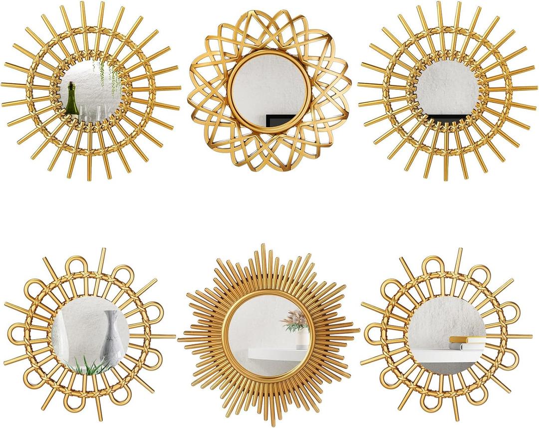 Namalu 6 Pcs Sunburst Mirror for Wall Decor, Small Circle Sun Espejos Decorative Mirror Hanging for Art Entryway Home Decor Bathroom Bedroom Living Room(Elegant,Gold)