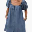 Women's Summer Denim Dress Puff Short Sleeve Square Neck Loose Jean Mini Dresses with Pockets, Medium