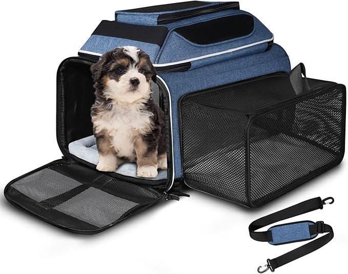Petskd Top and Side Expandable Pet Carrier 18x11x11 Inches Delta United Airline Approved, SoftSided Carrier for Small Cats and Dogs with Locking Safety Zippers and AntiScratch Mesh(Blue)