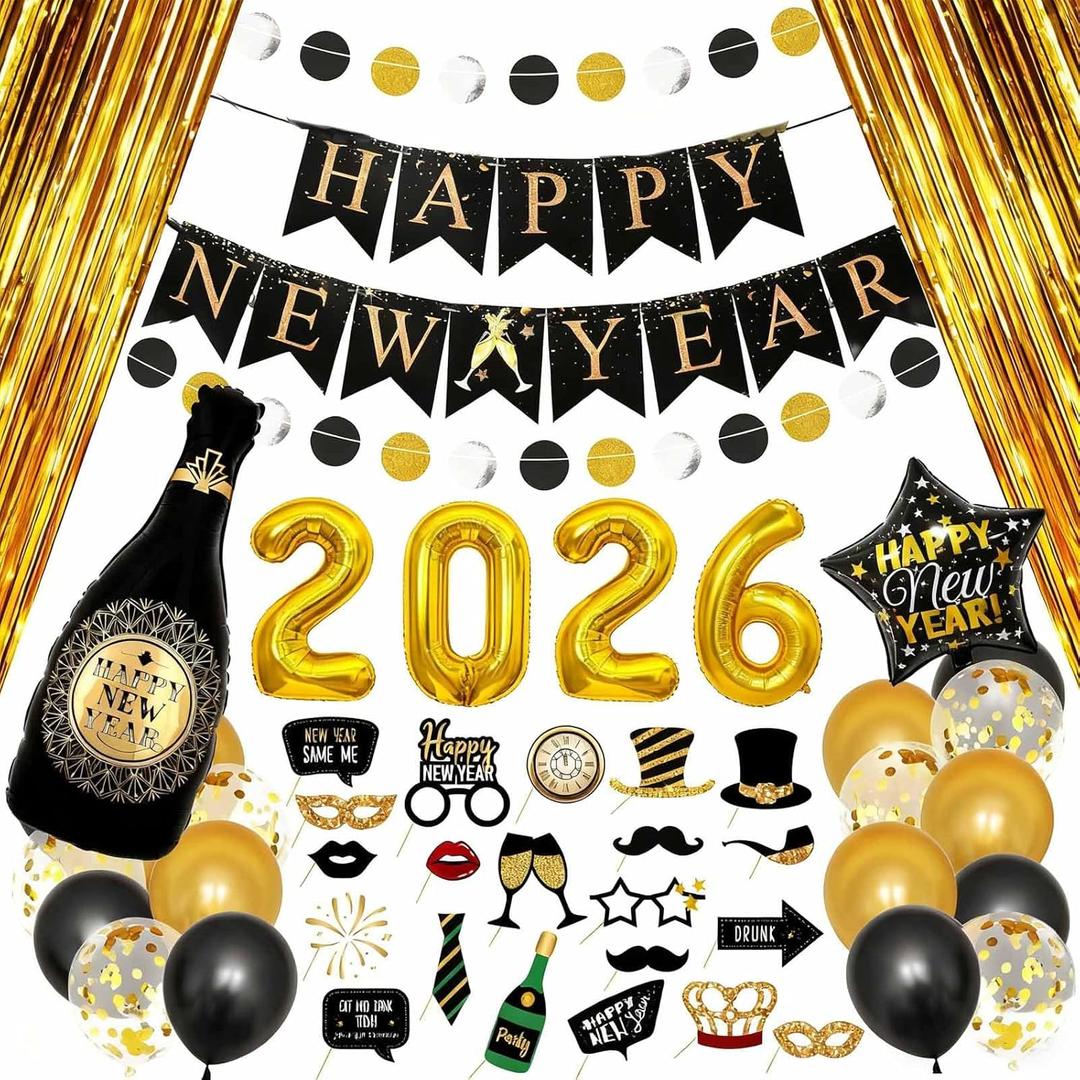 New Years Eve Party Supplies 2026 - 2026 Foil Balloon Banner and Curtains, Photo Booth Props, New Years Eve Decorations Black and Gold Party Supplies Decorations Photography Backdrops