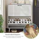 Shoe Storage Cabinet with Handmade Rattan Drawers, Freestanding Shoe Organizer Cabinet with Solid Wood Legs, Narrow Shoe Cabinet Storage for Entryway, Rustic Slim Shoe Rack Cabinet (White) (Width - 31.5 inches)