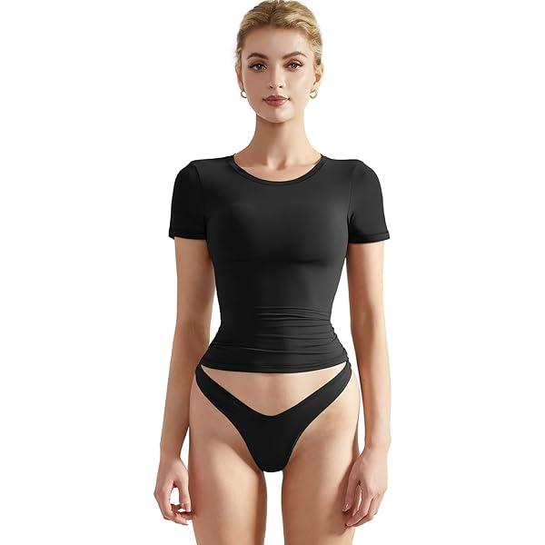 SUUKSESS Women Double Lined Fitted Basic Tee Crew Neck Short Sleeve Y2K Crop Top, S