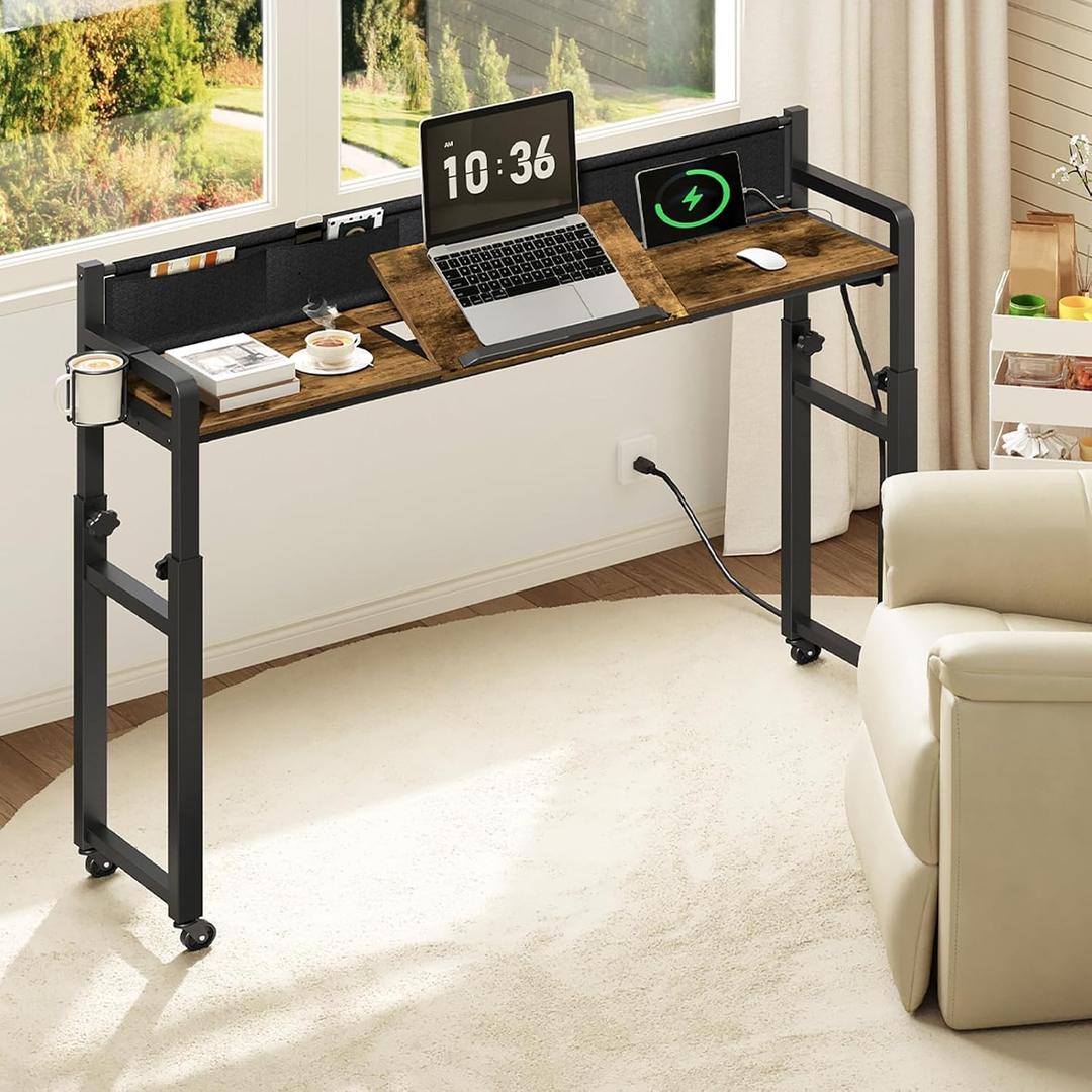 Overbed Table with Wheels, Height Adjustable, Recliner Table with Charging Station and Laptop Stand, Rolling Table with Storage and Cup Holder, Side Table for Living Room, Bed Room, Rustic Brown, 43.3" x 11.8" x 31.5"
