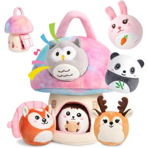 Interactive Plush Mushroom House Playset with 6 Stuffed Animal Toys  Soft Sensory Toy for Babies & Toddlers, Montessori Learning Plush with Crinkle Sounds  Portable Gift for Boys & Girls