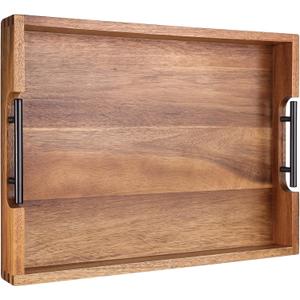 Joy&Grace Ottoman Tray for Living Room 16.7 x 12.8 inch Large Acacia Wooden Serving Tray with Handles for Coffee Table, Breakfast in Bed, Food Dinner, Decorative Rectangular Tray (Color Natural)