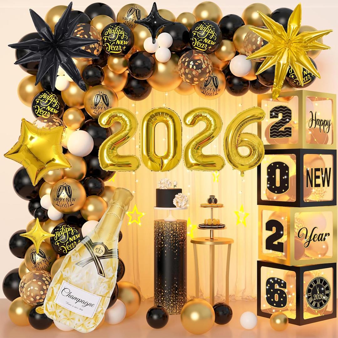 Happy New Year Decorations 2026, New Years Eve Party Supplies Black and Gold Balloons Garland Arch Kit New Year 2026 Champagne Star Foil Balloon Boxes for Happy Next Year Birthday Party Decor