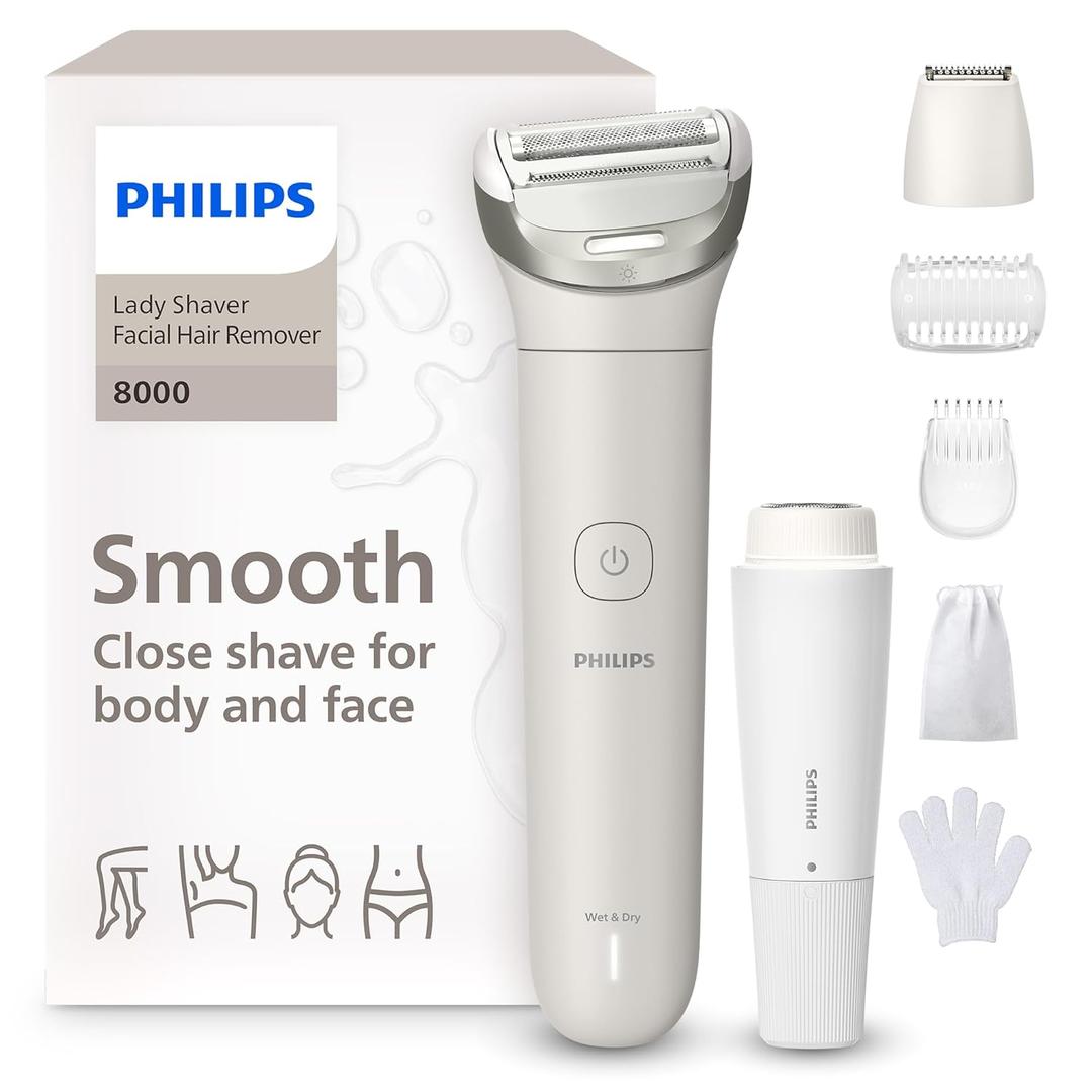 Philips Lady Shaver Series 8000 - Cordless, Wet & Dry Electric Shaver, 3-Blade Shaving System, Flexible Shaving Head, LED Light, for Face, Legs, Body & Bikini, 100 Mins. Runtime, Model BRL159/00 (Shaver + Trimmer, Combs, Glove, Facial Shaver)