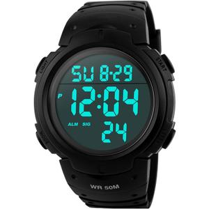 PASOY Mens Women Digital Watch Big Dial Light LED Swim Waterproof Rubber Band Alarm Black LED Watches 50MM