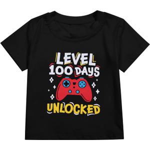 100 Days of School Shirt Boys Toddler Level 100th Days Unlocked Game Controller T-Shirt Crewneck Short Sleeve Tops (Black)
