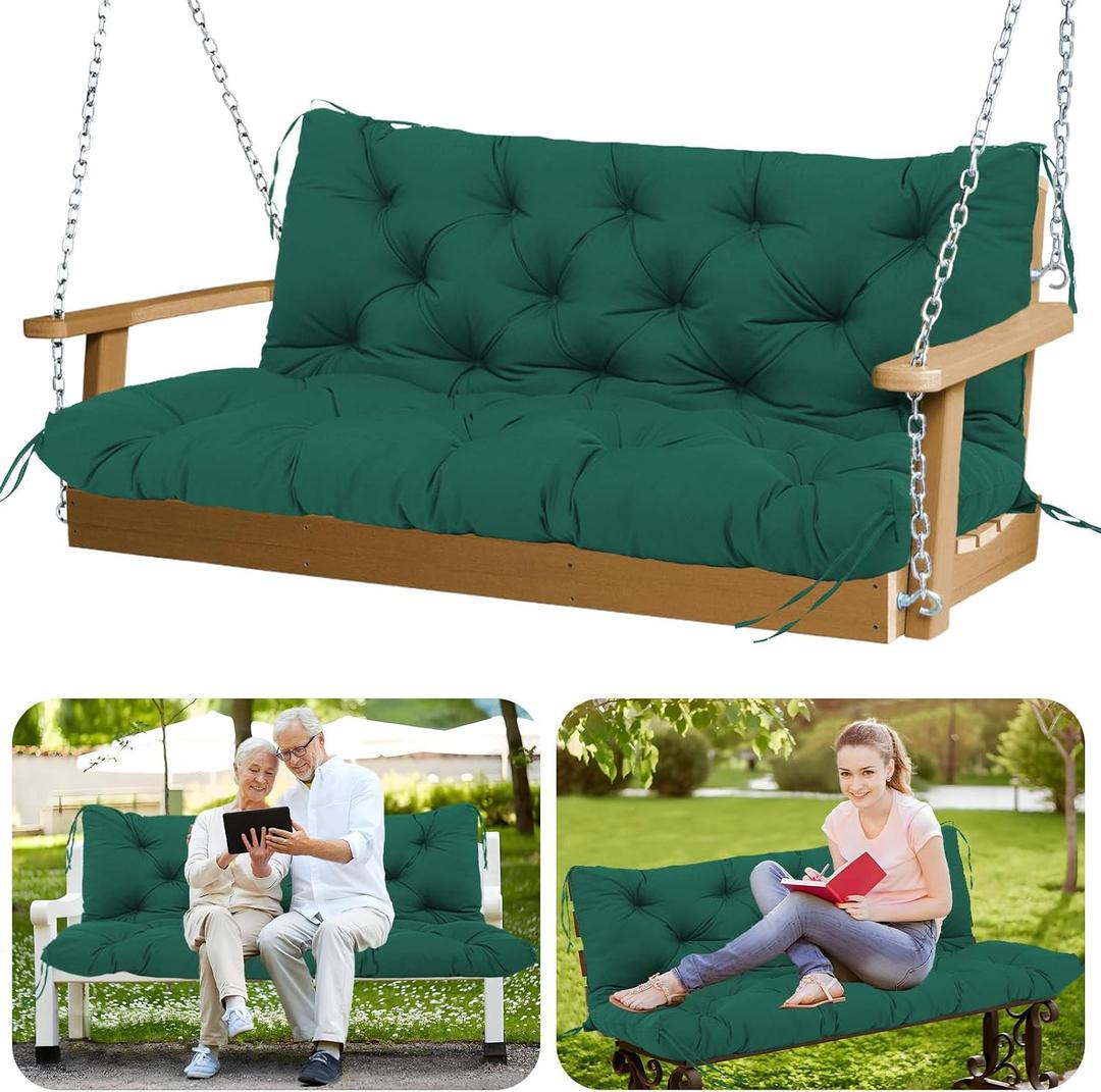 Outdoor Swing Cushions 60 inch Waterproof Porch Swing Cushions 2-3 Seater Replacement with Backrest and Ties Swing Bench Cushions for Outdoor Furniture Patio Porch Backyard Garden(Dark Green), 60x40x5inch