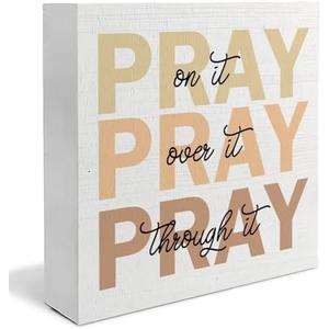Absnfatu Christian Wooden Sign - Pink Pray Desk Decor - Christian Gifts for Women, Prayer Room Decor - 5x5(Style B), Pack 3