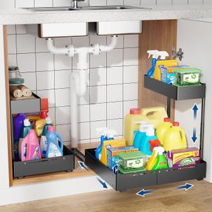 Insputer 2 Pack Under Sink Organizer, 2 Tier Under Cabinet Storage Expandable Width 9.8"-15" & Height Adjustable, Thickened Pull Out Shelf for Bathroom, Kitchen, Laundry, Pantry(Black)