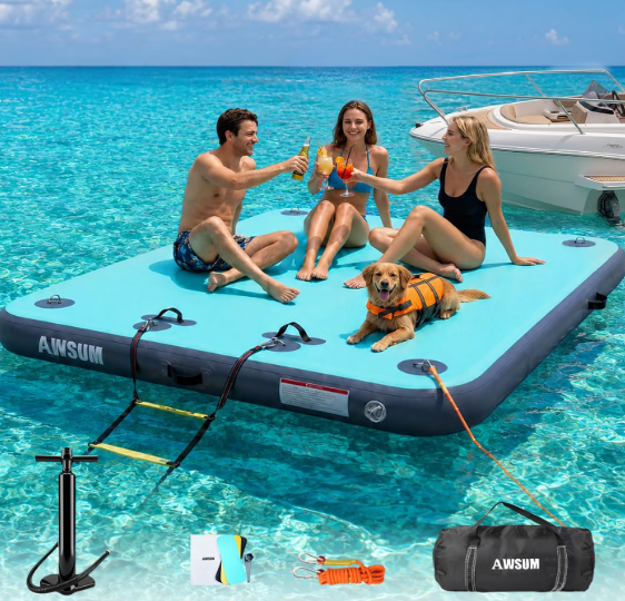 Inflatable Floating Dock for Water Activities, 10FT Water Mat With Non-Slip Surface, Load Capacity 450–900 lbs, Capacity for 3-8 People, Water Platform for Lake, Pool, Beach & Ocean