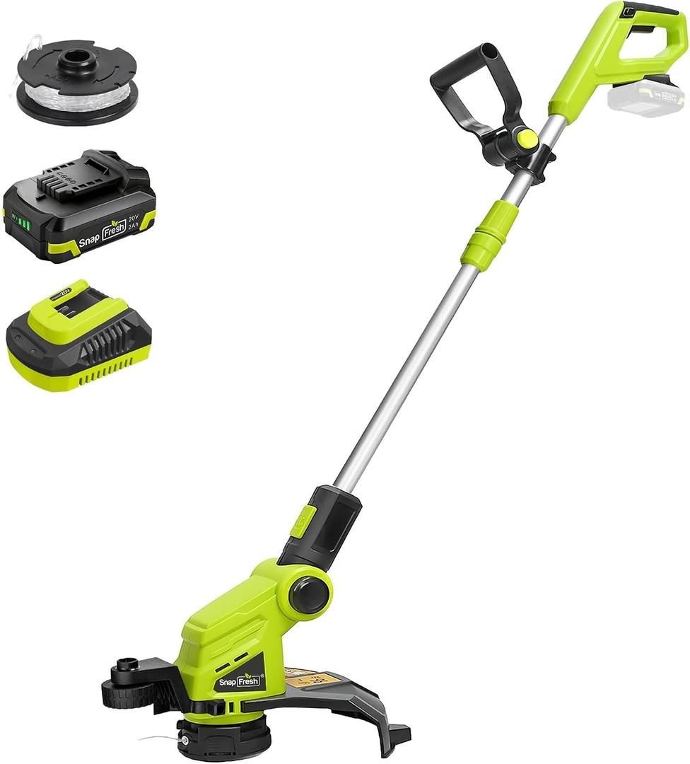 SnapFresh 20V Cordless String Trimmer, 12" 2-in-1 Weed Wacker and Lawn Edger with Wheels, 8000 RPM Auto Feed Spool, 2.0Ah Battery and Fast Charger Included, Lightweight Battery Powered Weed Eater