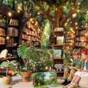 10X8ft Enchanted Forest Fairy Library Backdrop Fairy Tale Magic Bookshelf Green Garden Book Tree Floral Butterfly Photography Background Birthday Party Decorations Baby Shower Banner Photo Booth Props