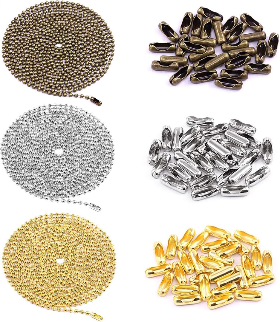 Swpeet 3Pcs 3 Colors 120" Metal Ceiling Fan Pull Chain Extension with 90Pcs Matching Connectors Kit, Durable & Strong Bearing Rust Proof 3mm Beaded Extension Chains for Ceiling Fan or Light