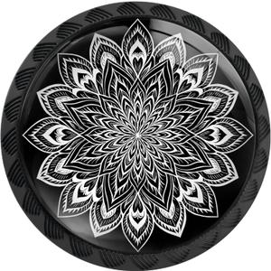 Artinhand 4 Pack Black and White Mandala Flower Kitchen Cabinet Knobs Round Drawer Pulls Dresser Cupboard Door Handles (1.37"L x 1.1"W)