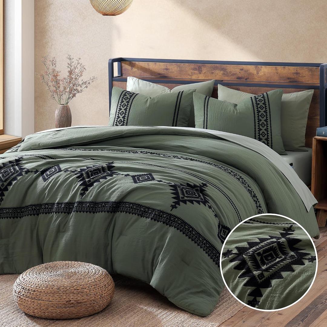 MaiRve Embroidery Comforter Set, Boho Farmhouse Western Bedding Set, All Season Bed in A Bag Comforter Set with Sheets, Pillowcases & Shams, Olive Green Full 7 Pieces