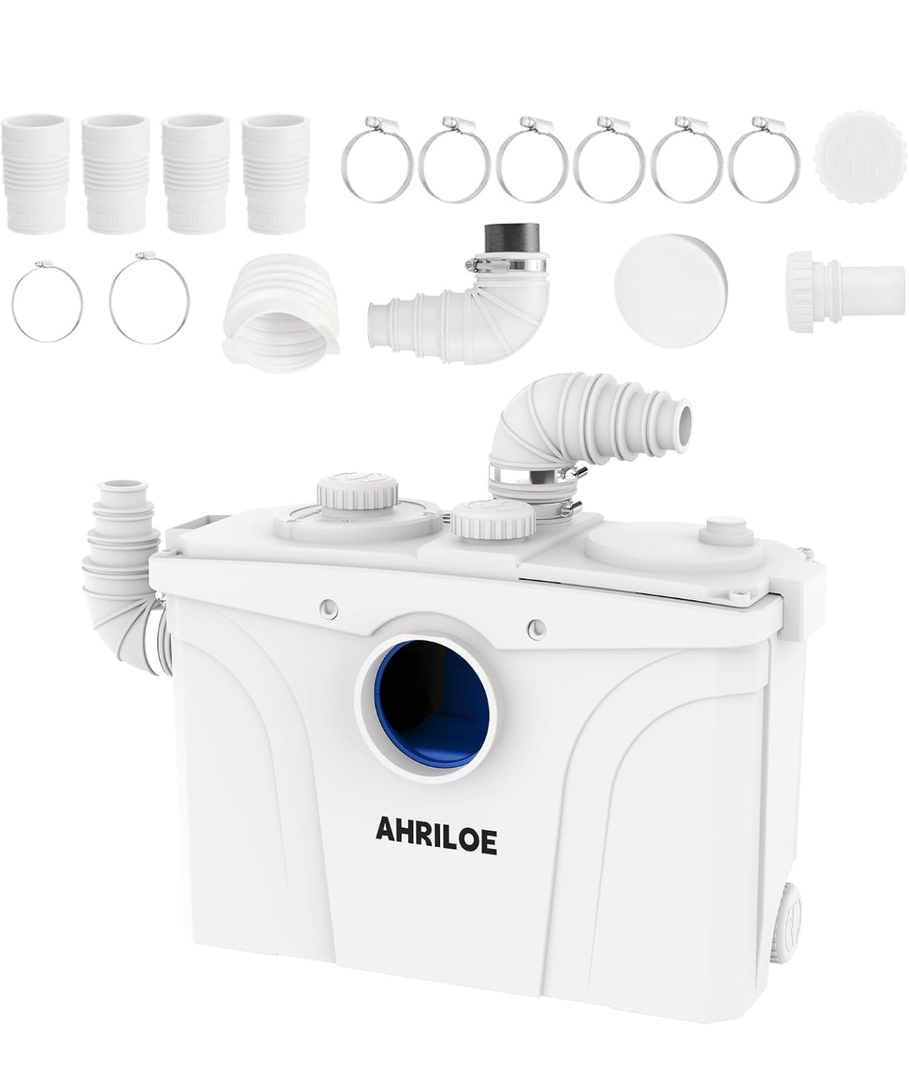 900W Macerator Pump, Macerating Toilet System with 2 Outlets/5 Inlets, Sewage Pump for Basement, Sink, Toilet, Laundry, Kitchen