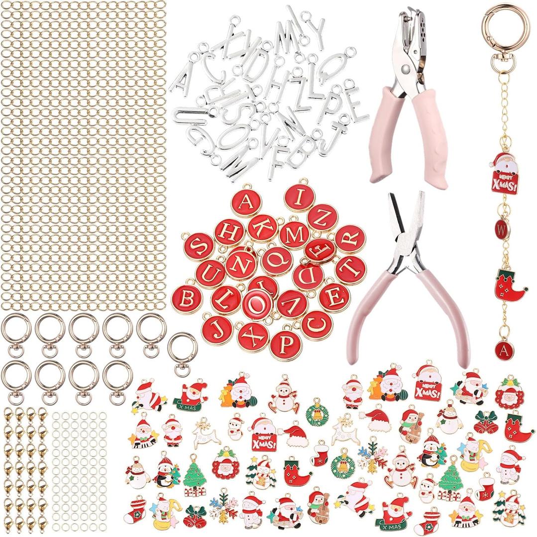 Liliaafar 344 Pcs Christmas Keychain Making Kit, Including 10 Keychain Clips 20 Extender Chain 102 Charms and Jewelry Plier for Adult DIY Crafting and Jewelry Making Christmas Party Favor Gifts