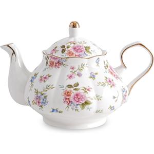 Agyiuns Flower Ceramic Teapot,22oz Porcelain Tea pot for Tea Coffee Milk for Office Home Men Women as Gift(White and small flowers)