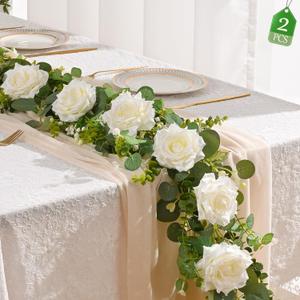 Livole 2Pcs 13 FT Artificial Flower Garlands Real Touch Fake Floral Silk White Rose Garland Hanging Vine for Wedding Table Centerpieces Party Arch Ceremony Garlands Backdrop Decor