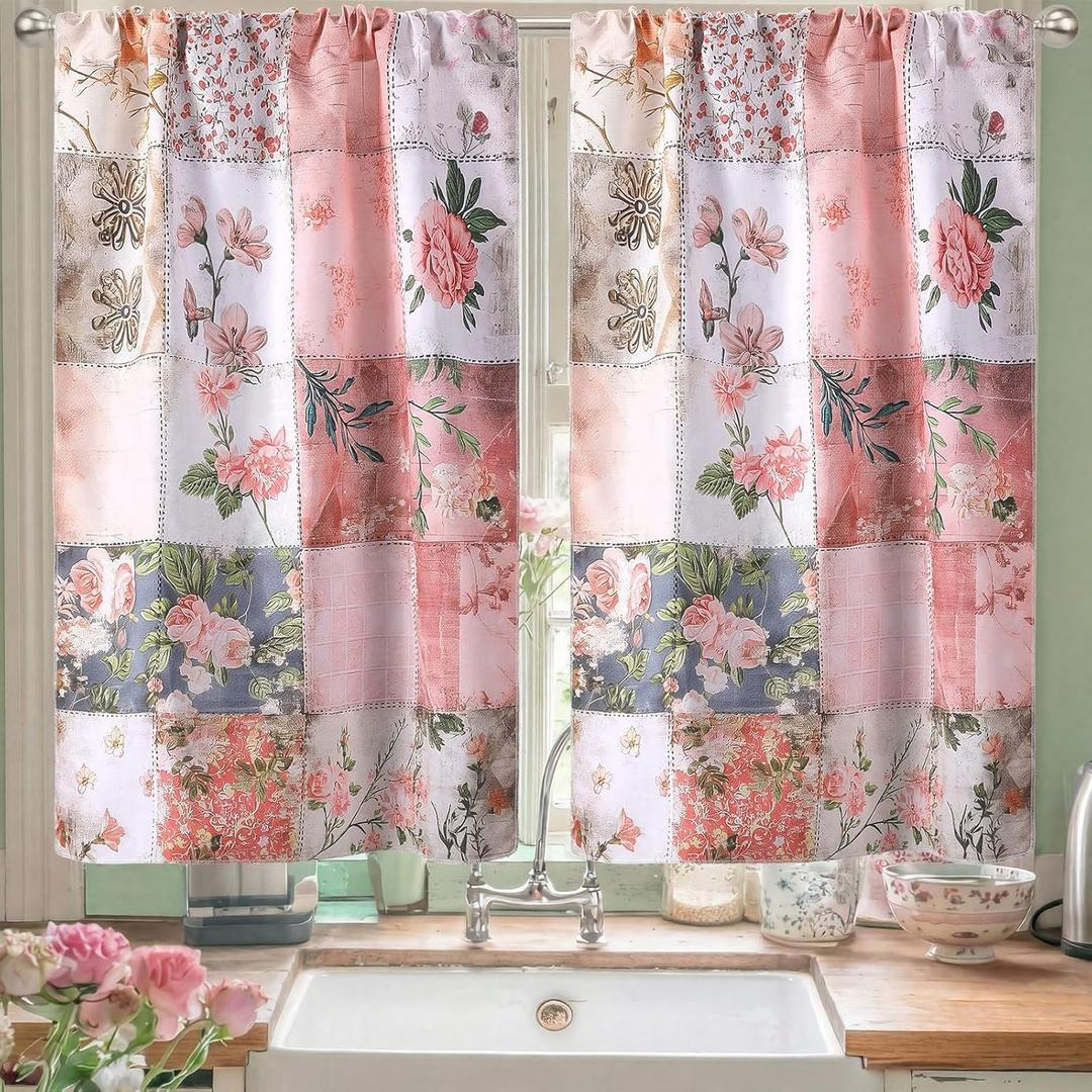 2 Pcs Floral Kitchen Curtain Vintage Pink Flower Window Curtains Over Sink Decor Mid Centurl Retro Farmhouse Patchwork Floral Small Window Cafe Short Curtains for Bathroom 27.5x39 Inch