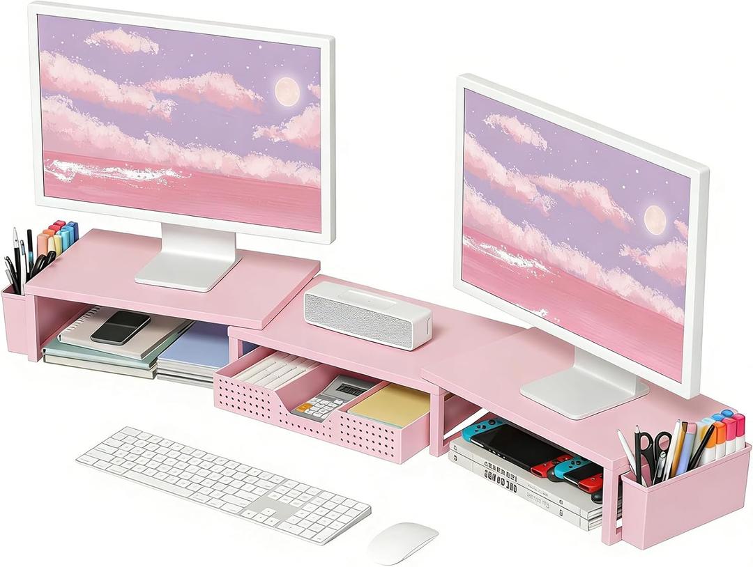 OPNICE Wood Desk Organizers and Accessories, Dual Monitor Stand Riser with Drawer and 2 Pen Holders, Desk Shelf Computer Racks for Office Workspace Organizers, Desktop Organization (Pink)