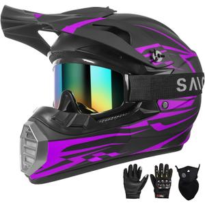 DOT Approved Youth Kids Motocross Helmet - Ultra-Lightweight Full Face Dirt Bike/ATV Helmet with Goggles, Gloves & Face Shield (4-Piece Set) (Small, Black purple)