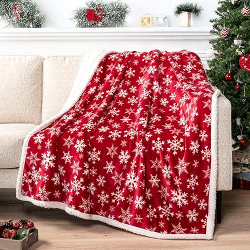 PAVILIA Red Snowflake Christmas Sherpa Throw Blanket, Ultra Soft Reversible Fleece Sherpa 50x60 Winter Blanket for Couch & Bed, Cozy Christmas Home Decor