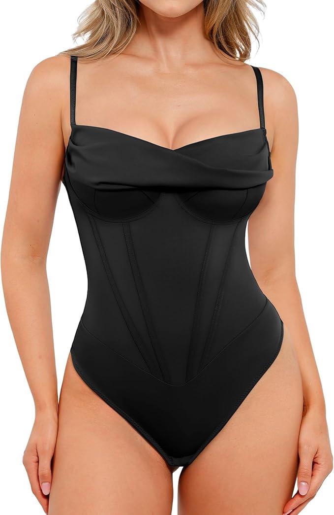 Popilush Corset Bodysuit for Women Tummy Control Shapewear Cowl Neck Tops Concert Outfits Thong Bodysuits XL