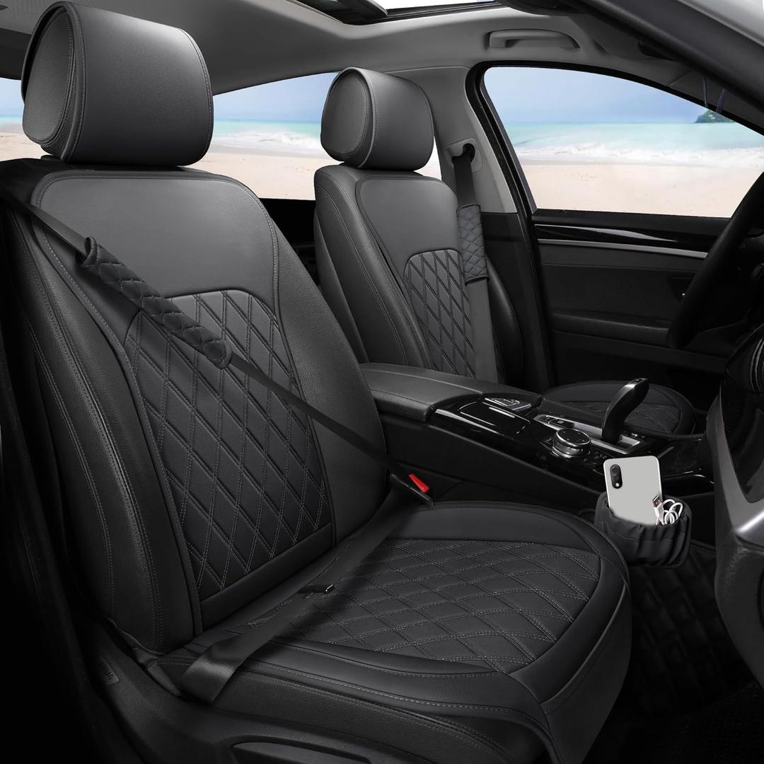 Sanwom Front Car Seat Covers - Leather Seat Covers with Storage Pocket and Two Belt Pads, Anti-Slip Waterproof Universal Seat Covers for Cars Fit Cars Trucks SUV(Black,2 Pack)