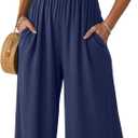 Lepunuo Jumpsuits for Women Casual One Piece Overalls Smocked Wide Leg Long Rompers With Pockets Beach Vacation, A - Navy Blue, X-Large
