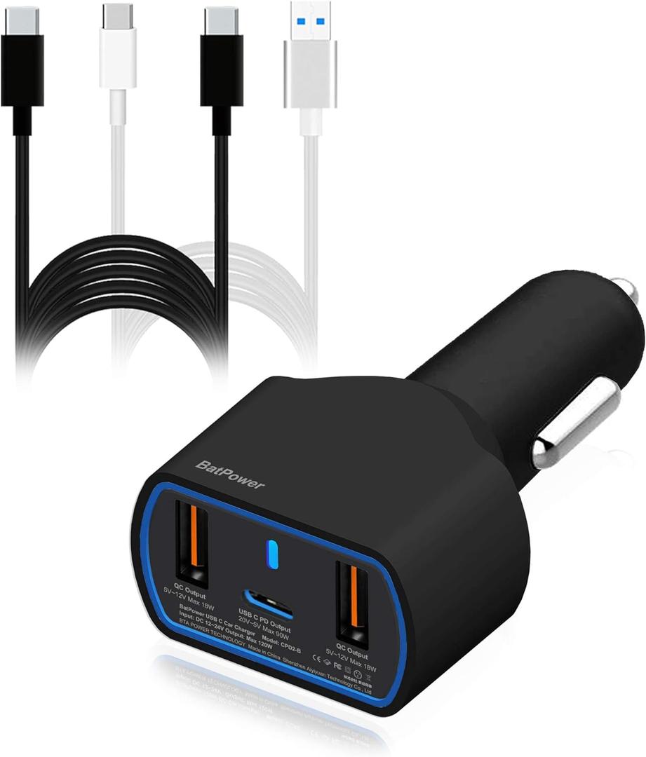 BatPower High Power Delivery 120W PD Laptop Car Charger Compatible with New Surface Book 3 2 Laptop 4 3 Pro 8 X 7 USB-C HP Razer Dell Notebook Vehicle Charger DC 12v-24v auto Power Supply Dual USB QC