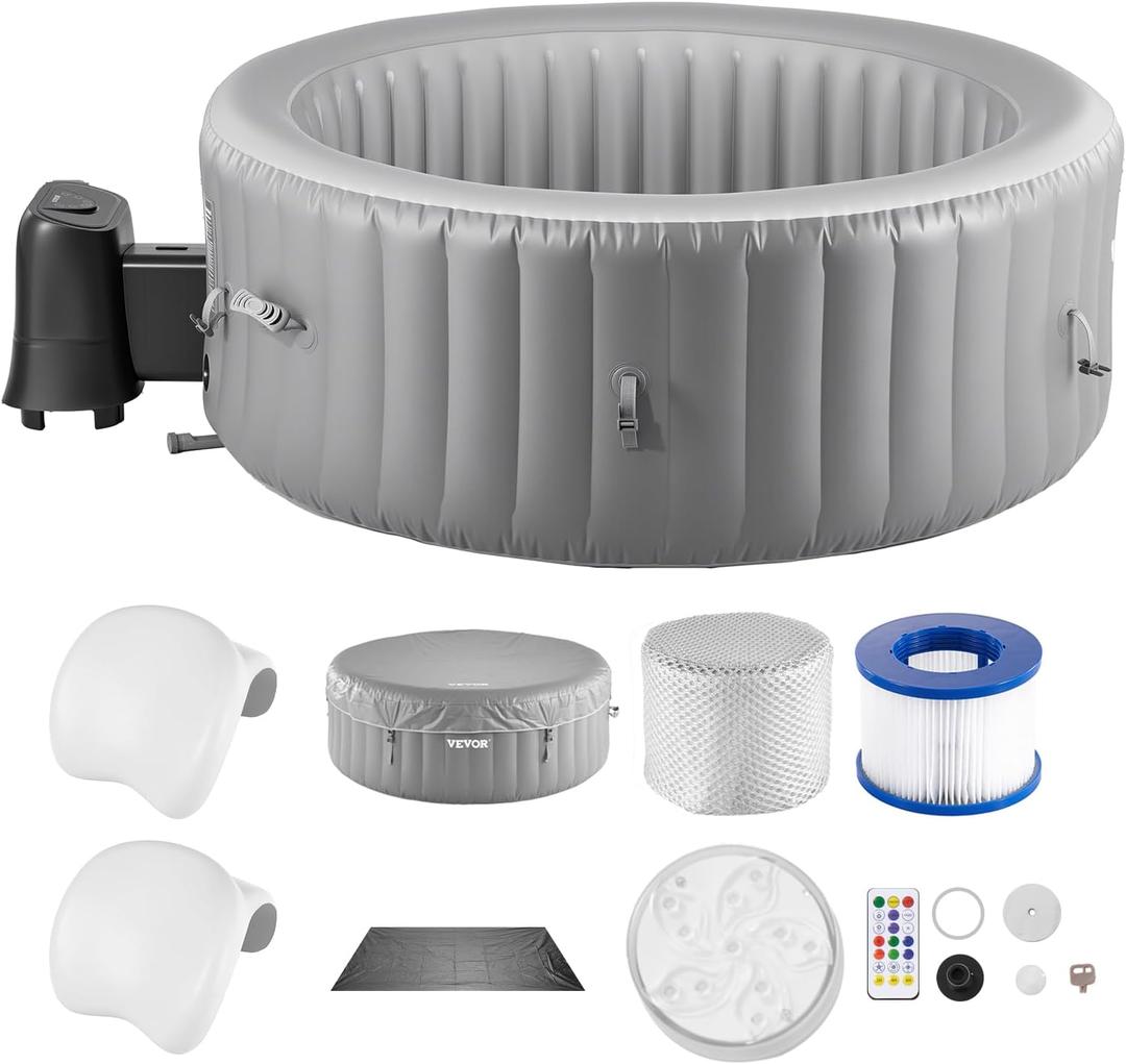 VEVOR Inflatable Hot Tub, 6 to 8 Person Capacity, 94.5 x 26in Round Portable Outdoor Spa, with 130 Soothing Jets, Headrest, LED Light, Cover, Multi-Function Control Panel, PVC Outdoor Hot Tub, Grey