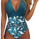 SUUKSESS Women Sexy Tummy Control One Piece Swimsuits Halter Push Up Bathing Suits (Large, #1 Blue Floral)