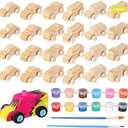 Lenwen 24 Pcs Unfinished Wooden Cars Wood DIY Car Toys with 12 Color Acrylic Paint for Student Easy Woodworking Set, Family Activities, Arts and Crafts Kit for Boys, Valentine‘S Day(Cute)