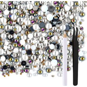 ASTARON 50g Mix Flatback Rhinestones Half Pearls for Crafts Mixed Size 3mm-10mm Flat Back Rhinestones for Crafts Flatback Pearls for DIY Tumblers Mugs Nail Art Shoes Clothes (Black White Series)