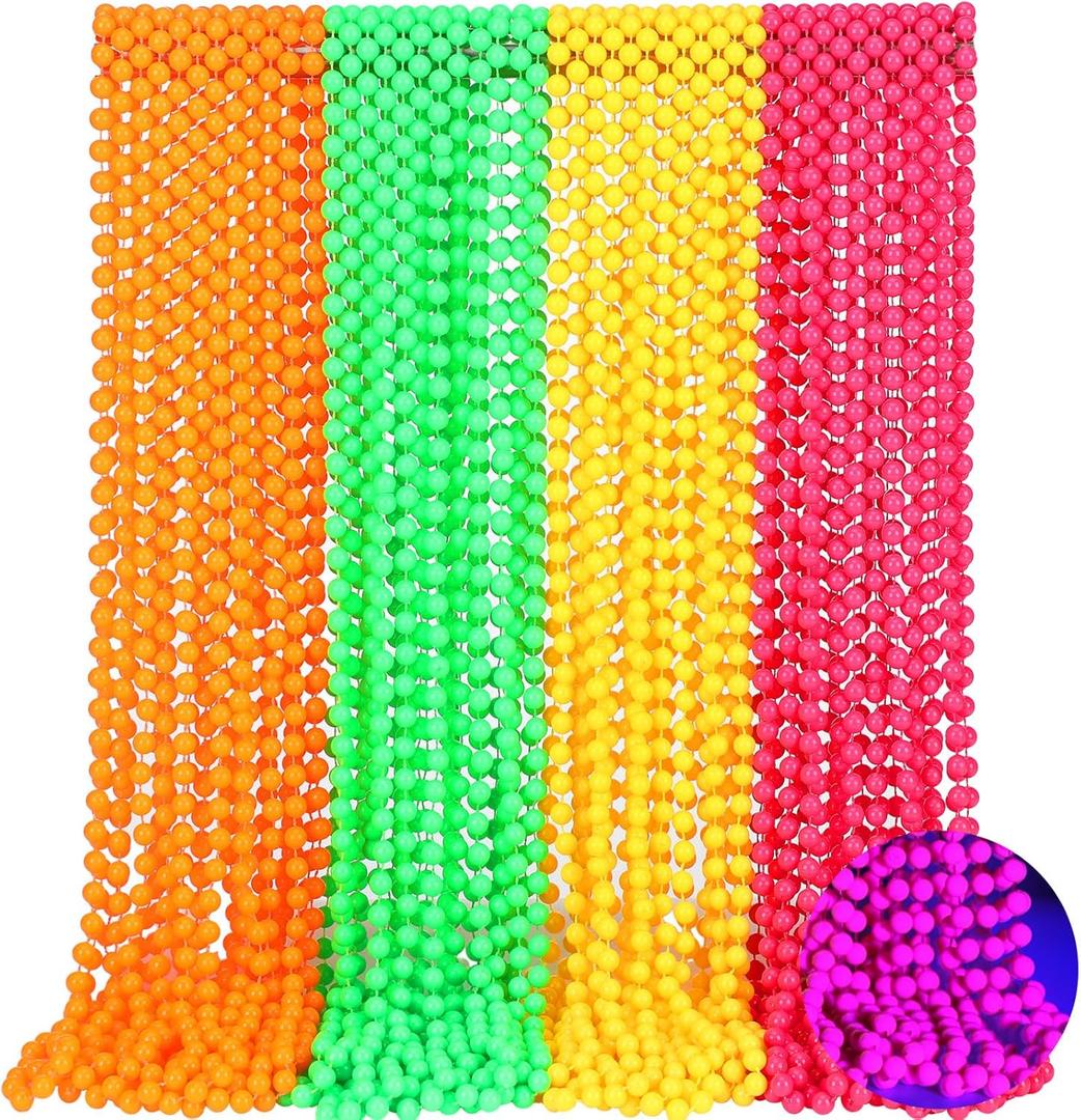 Ecally 96 Pieces Neon Beads Necklaces 33" Glow in The Dark UV Neon Bead Necklaces Glow Party Supplies 80s UV Black Light Accessories Bulk for Birthday Decorations Wedding Mardi Gras Party