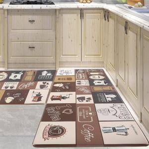 Coffee Kitchen Mats Sets 2 Piece Cushioned Anti Fatigue Kitchen Rugs,Farmhouse Kitchen Rugs Waterproof Non-Slip Comfort Mat for Kitchen, Home, Office, Laundry (Light Coffee)