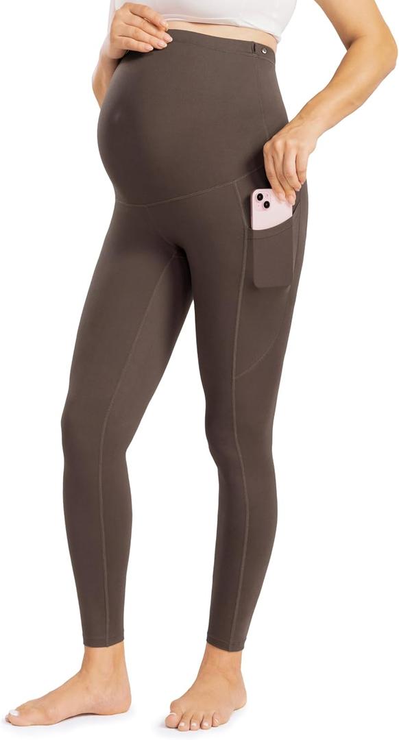 ENERFUL Womens Maternity Leggings with Pockets Workout Legging Pants Buttery Soft Pregnancy Active Wear Yoga Tights (Brown, S)