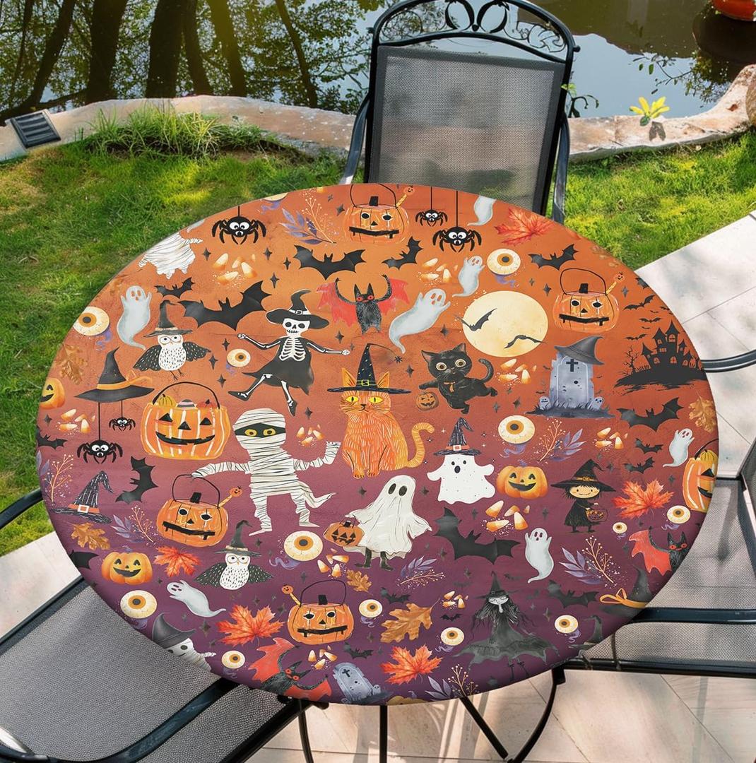 Round Tablecloth with Elastic Edge, 36-60Inch Waterproof Table Cloth for Dinner, Outdoor, Picnic, 44inch, Hallowmas