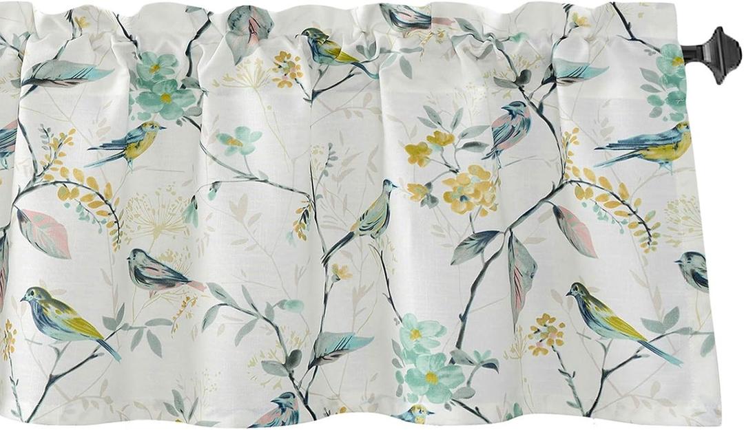 VOGOL Birds Pattern Valances for Windows of Kitchen, Floral and Birds Print Linen Textured Valance for Small Windows, Rod Pocket, 52 x 14, One Panel
