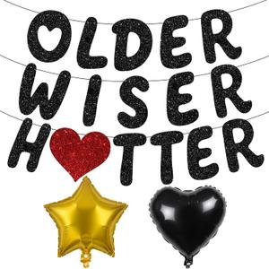 2 x Older Wiser Hotter Pre-Strung Glitter Happy Birthday Banner Decorations - 30th 40th 50th 60th 70th 80th Birthday Decorations Gifts for Women Men, Happy Birthday Sign Party Balloons