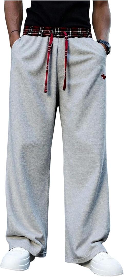 GORGLITTER Men's Wide Leg Sweatpants Baggy Sweatpants Y2k Plaid Elastic Waist Joggers Track Pants Trousers Streetwear (Gray, XL)