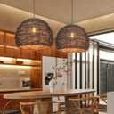 Arturesthome 1 Light Rustic Woven Rattan Pendant Light, Coastal Lighting Fixture, Vintage Farmhouse Lampshade Chandelier Hanging Ceiling Lamp Shade for Kitchen Island Dining Room W 15.7* H 11